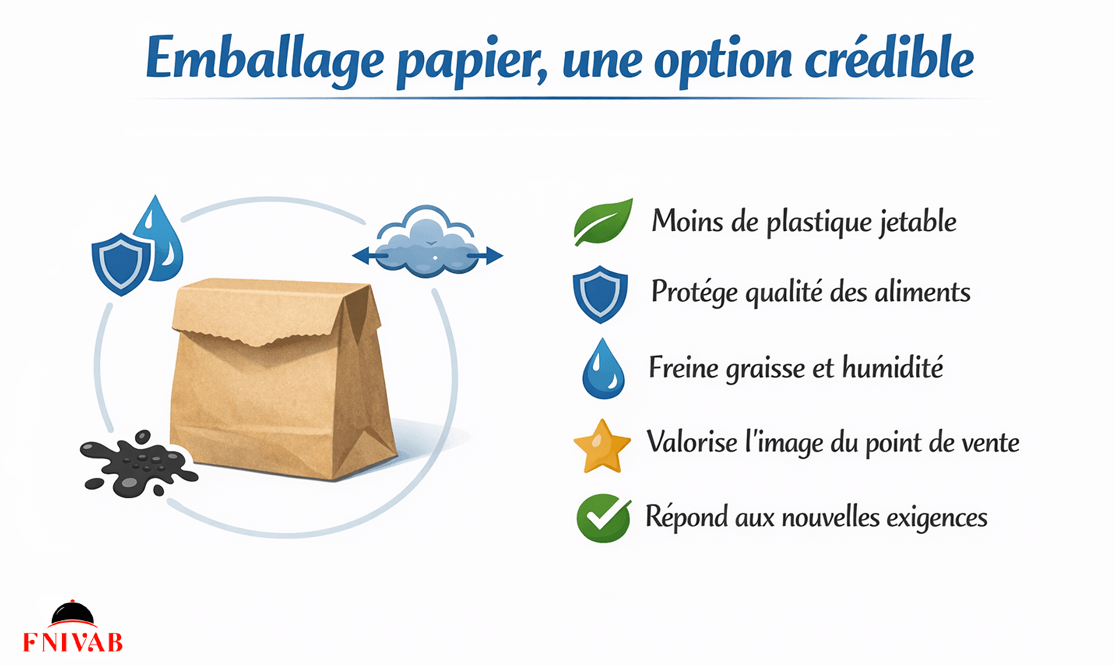 Infographie récapitulative sur les avantages et les étapes de transition vers l'emballage papier pour les produits alimentaires secs et sucrés